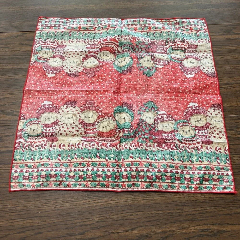 Vintage Christmas Napkins Set Of 3 Teddy Bear Cloth Table Linens 80s 90s